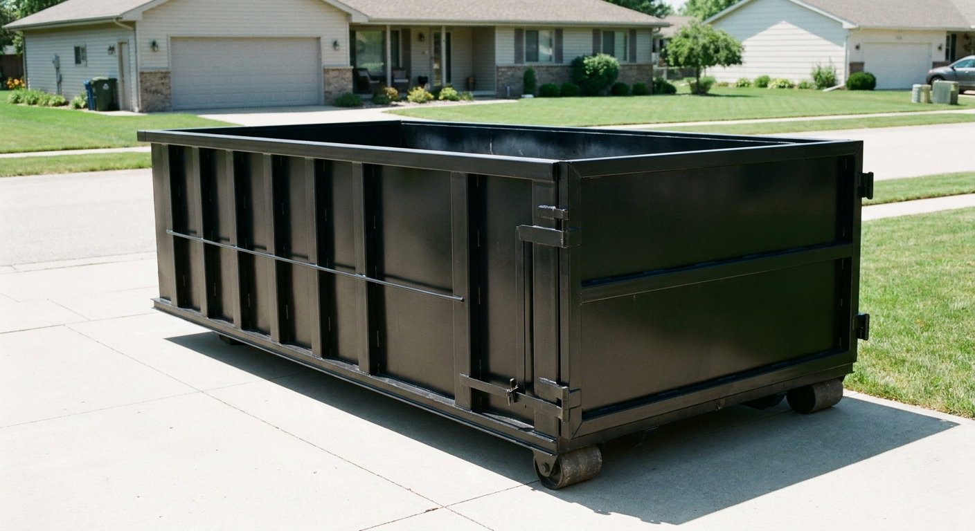 Matte-black 10-yard roll-off dumpster on a residential concrete driveway in Arlington, uniformly painted matte black across every panel and rail, ribbed steel sidewalls and rear swing door visible, mid-day daylight.
