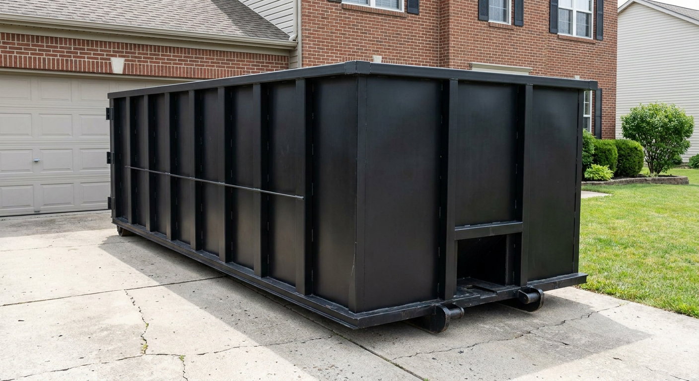 Matte-black 20-yard roll-off container on a Arlington residential concrete driveway with reinforced ribbed steel sidewalls and a hinged rear walk-in door, clean bright daylight.