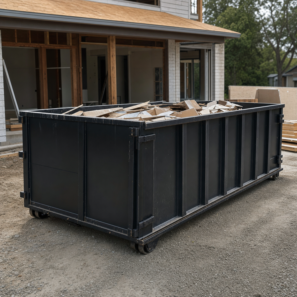 Large matte-black 30-yard construction roll-off dumpster at an active Arlington jobsite, steel-gray top rails and bottom rollers visible, loaded with construction debris.