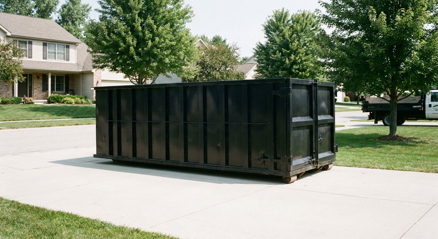 Matte-black 20-yard roll-off dumpster sitting level on a clean Arlington residential concrete driveway under bright daylight, demonstrating clean placement directly on the concrete.