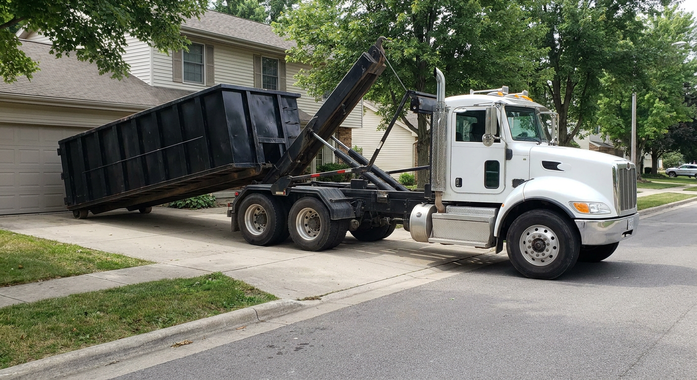 White-cab hooklift roll-off truck actively lowering a matte-black dumpster onto a Arlington residential concrete driveway, the dumpster's rear wheels touching the driveway as the hoist arm tilts the bed forward, mid-morning daylight.