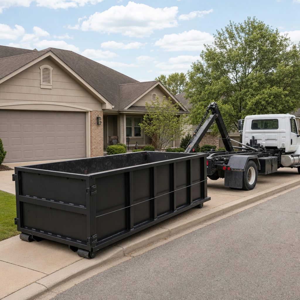 Wide documentary shot of a matte-black roll-off dumpster on a Arlington residential driveway in the foreground and a contractor jobsite container in the soft-focus background, bright daylight, calm and orderly composition.