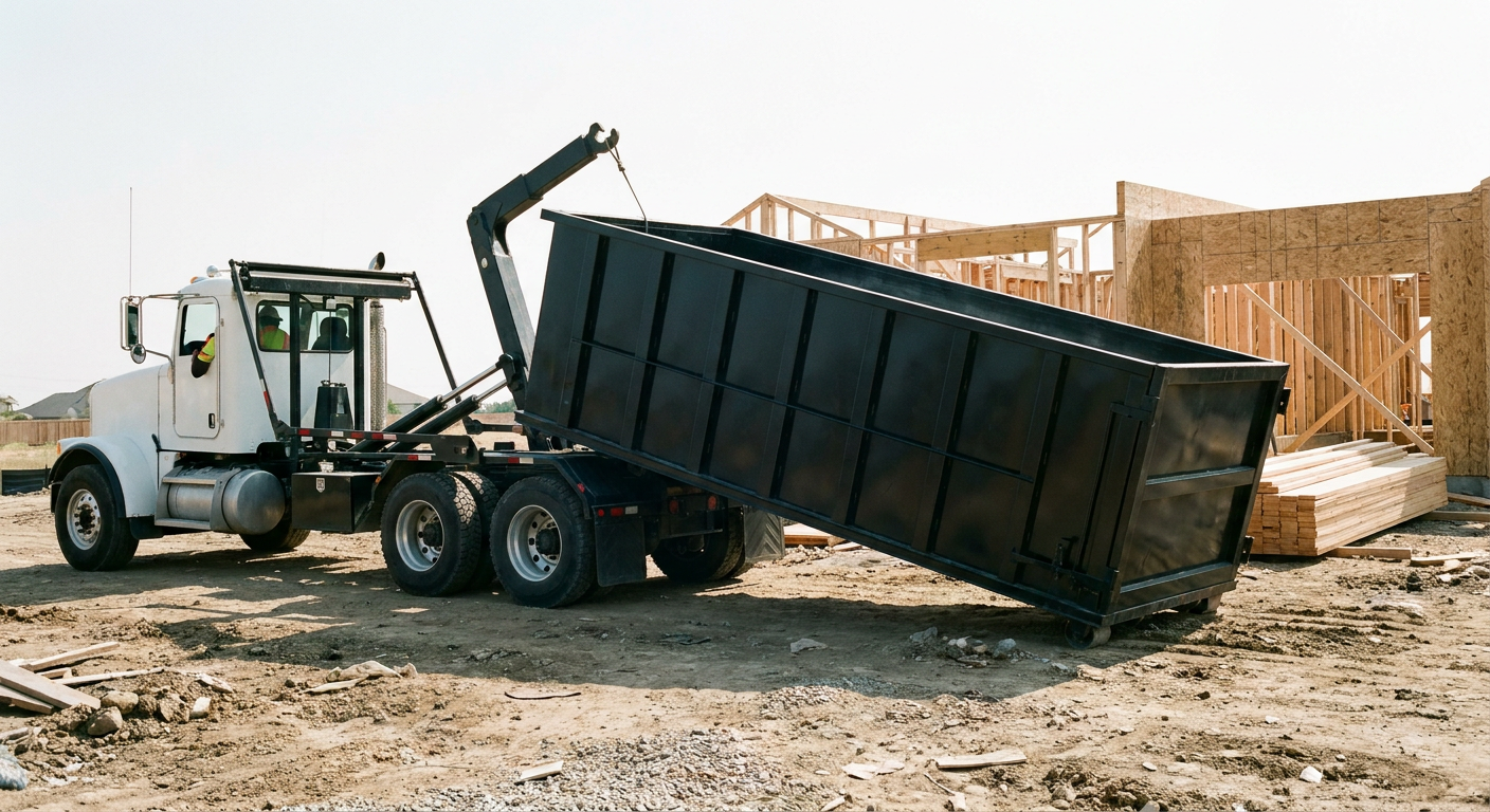 Matte-black roll-off dumpster being delivered onto a clean residential concrete driveway in Arlington by an unmarked white hooklift hauler truck, bright morning daylight, documentary 35mm perspective.