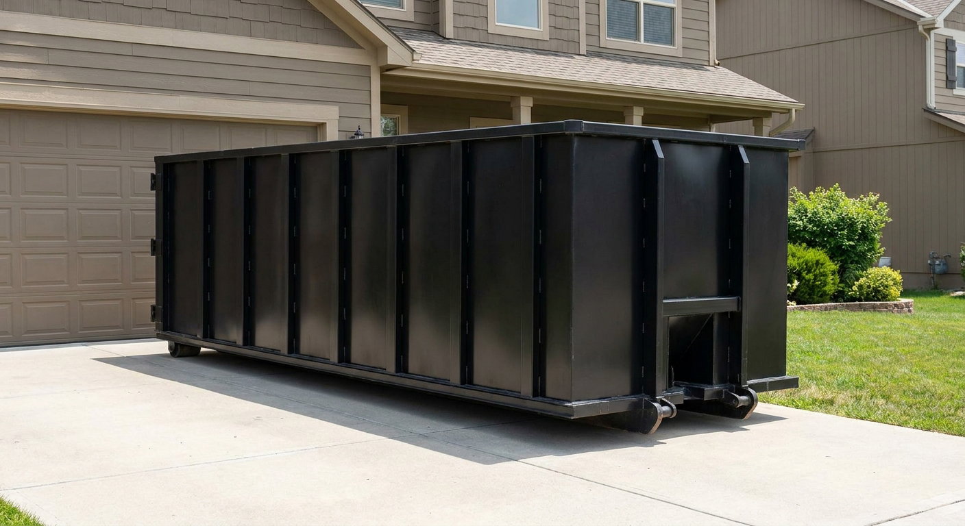 Matte-black residential roll-off dumpster sitting directly on a suburban Arlington concrete driveway, garage door closed, single-family home in background, bright morning daylight.