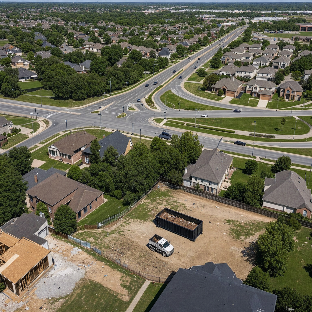 An overhead documentary view of the Arlington metro area at midday, showing the spread of neighborhoods, arterial roads, and the dispatch radius from a central yard — clean daylight, organized geographic layout.