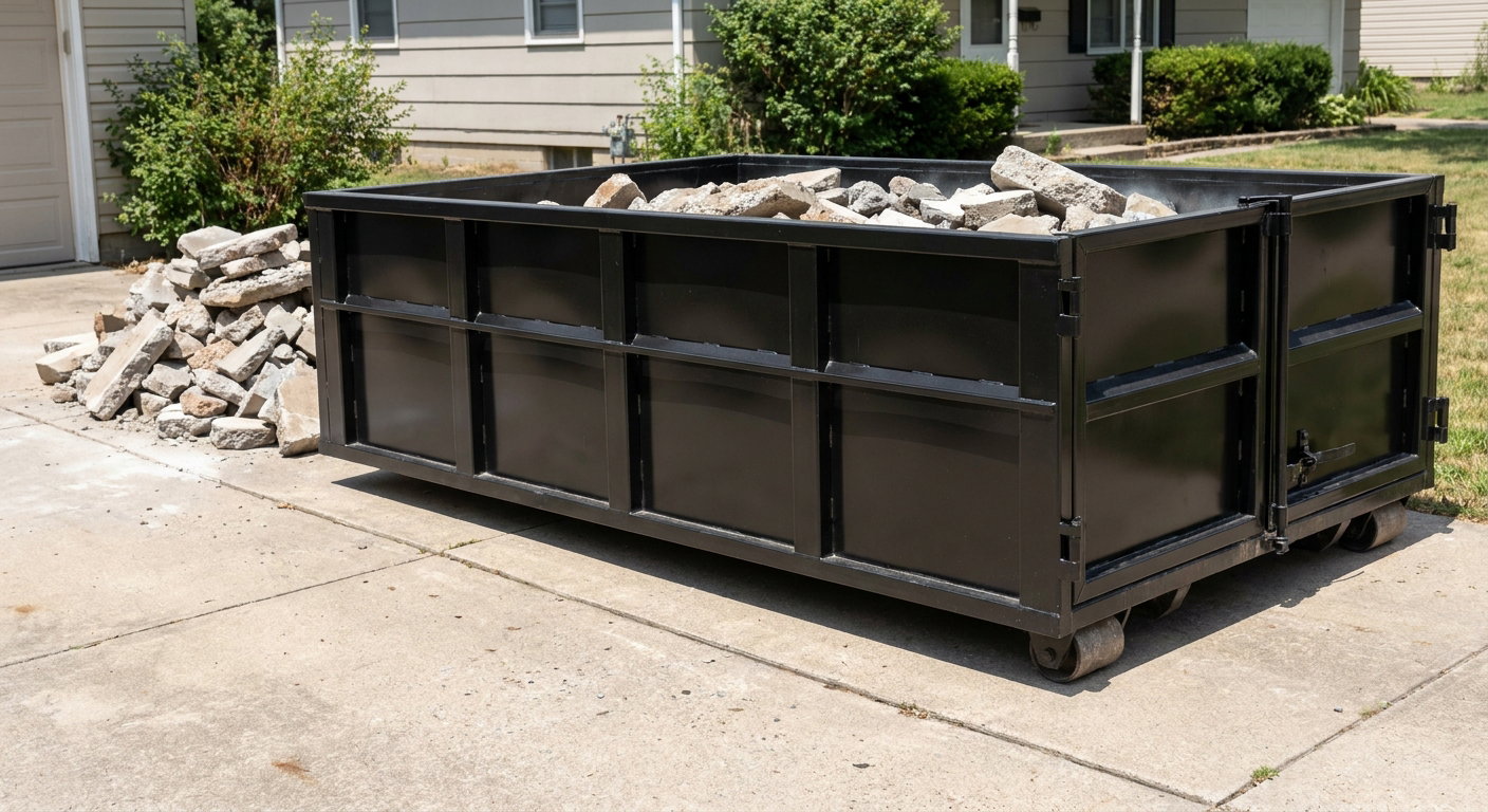 A matte-black low-side heavy-debris roll-off dumpster placed directly on a Arlington concrete driveway, with broken concrete chunks neatly stacked beside it under clean daylight.